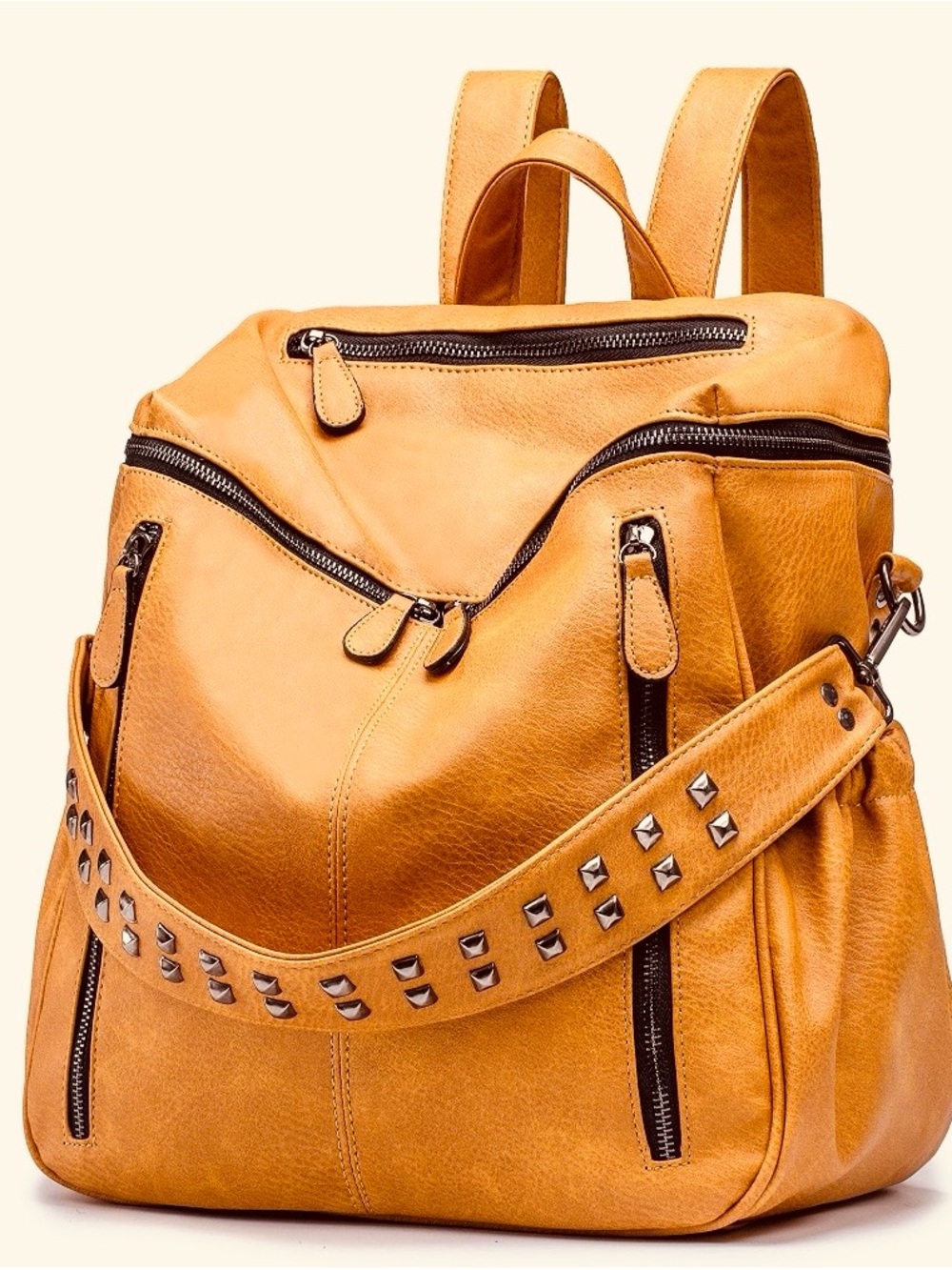 Stud-Accent Tan Vegan Leather Backpack
